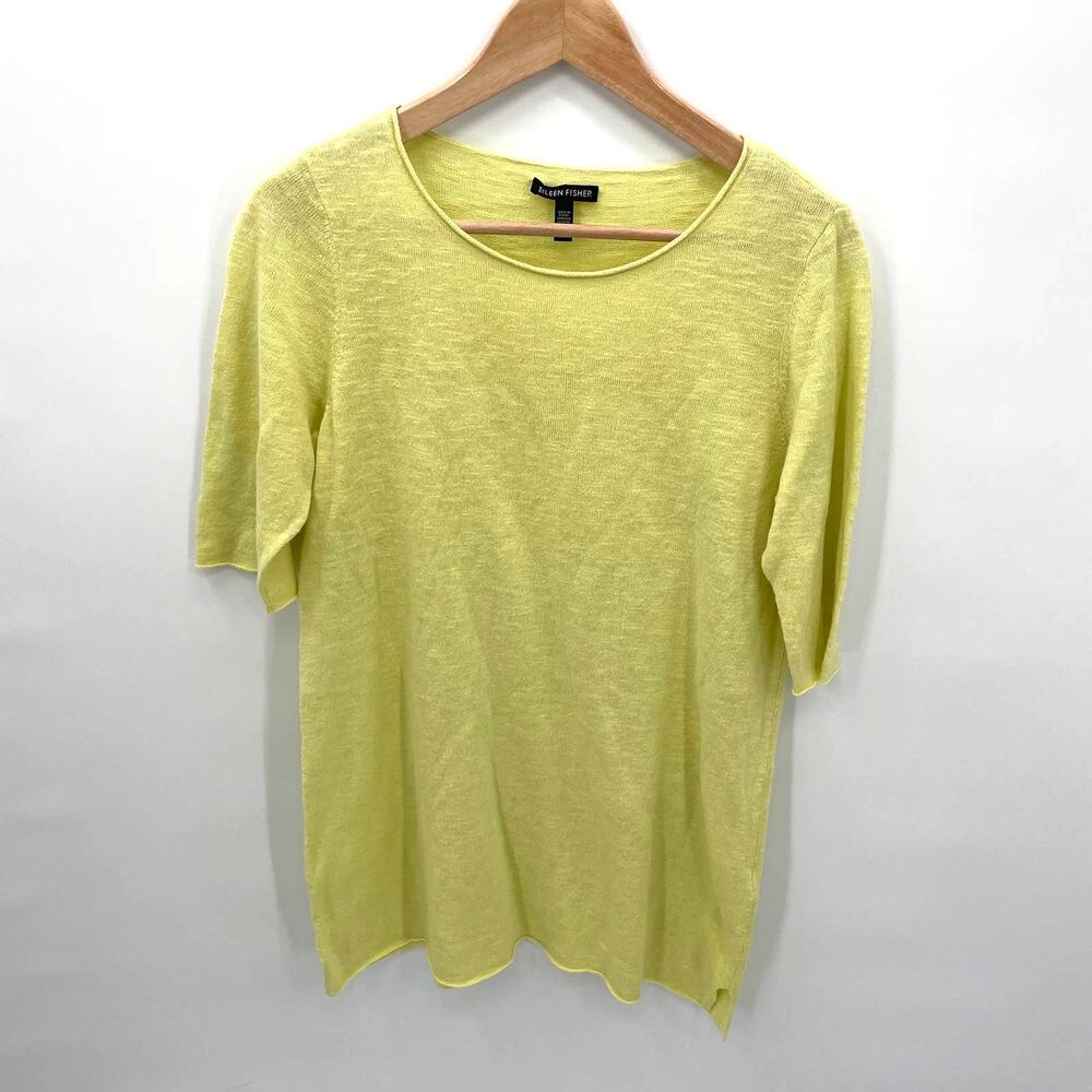 EILEEN FISHER Yellow Slub Organic Linen Short Sleeve Sweater // S